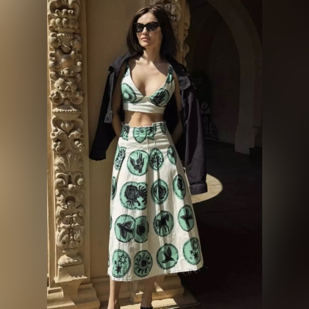 $90 NWT Zara SS24 Printed Box Pleat MIDI Skirt ZW Collection Medium